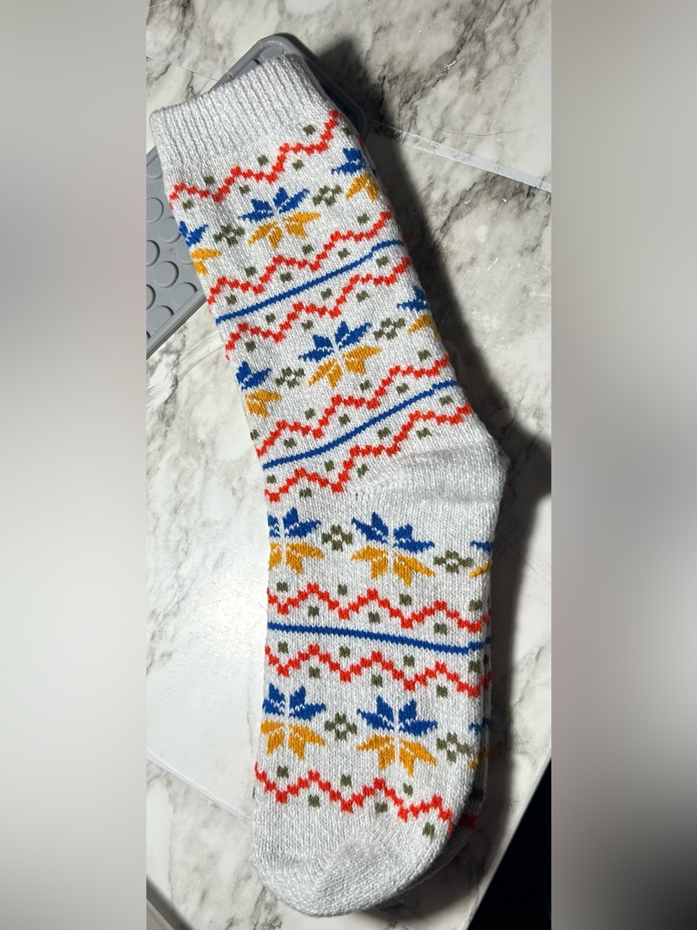 Women’s Patterned Cabin Socks in White with Blue & Yellow Accents